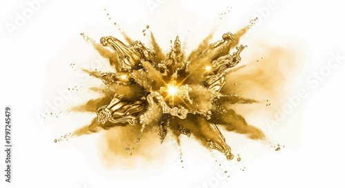 Golden explosion with a bright center against a white background showcasing dynamic liquid movement