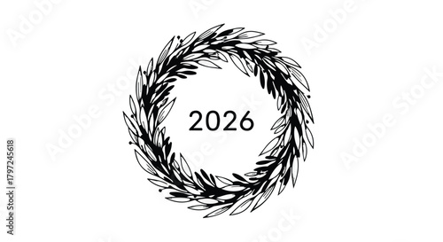 A wreath of leaves encircling the year two thousand and twenty six on a white background simple design