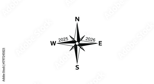 Illustration of a black compass rose with the years two thousand twenty five and six on a white background