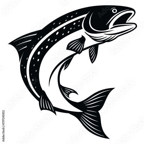 Dramatic black and white woodcut style illustration of a leaping salmon fish with its mouth open