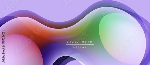 Abstract fluid shapes, vibrant colors blend. Modern design, smooth gradients create dynamic background. Purple dominates, hints green, orange.