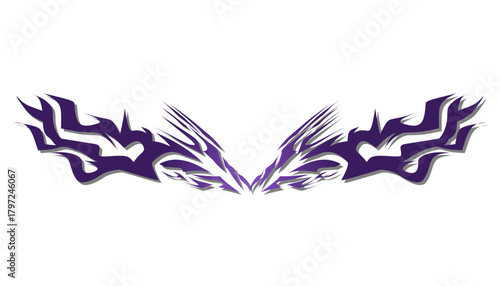 Symmetrical purple tribal tattoo design with wings and hearts.