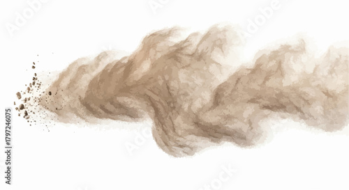 A plume of dust and debris with small rocks dispersing into a cloud like formation on white background