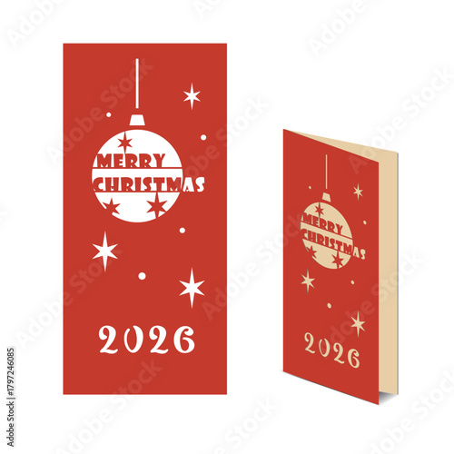 Vertical Christmas card with a carved Christmas ball and text.2026. The cover template
