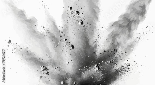 Illustration of a grey explosion with debris and smoke against a white background in a digital art style