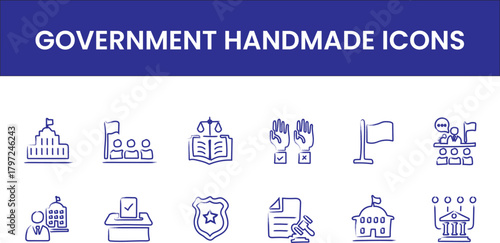 Government Icons – Handmade Blue Line Art Set for Civic and Legal Themes