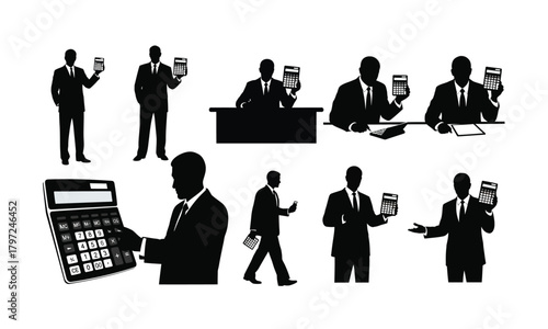 A collection of accountant silhouette figures with calculators isolated on white background