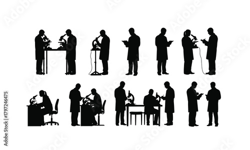 A diverse collection of scientists in silhouette performing laboratory research and experiments with microscopes isolated on white background