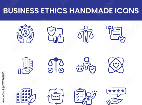 Business Ethics Icons – Blue Line Art Set Showing Leadership, Trust, and Values