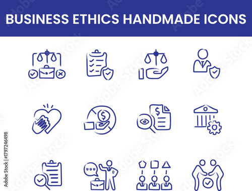 Business Ethics Icons – Handmade Blue Line Art Set of 12 Ethical Symbols