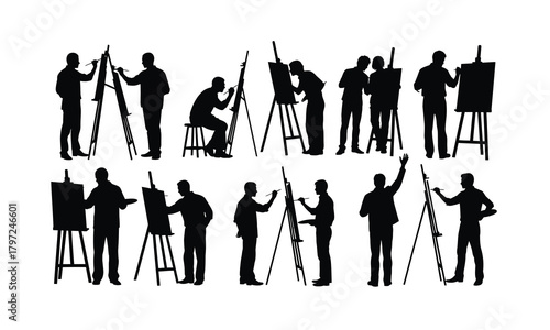 A collection of artist painting tools and supplies including brushes palette and easel presented as a silhouette isolated on white background