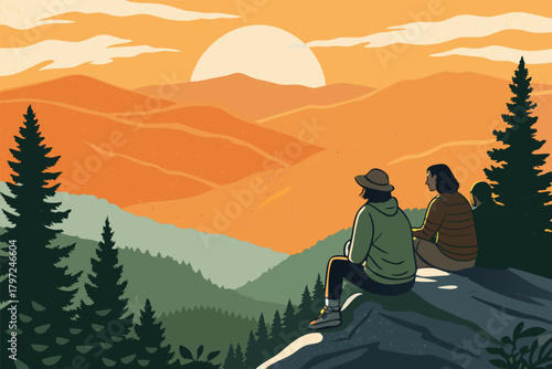 Friends embracing golden hour, silhouetted on mountain peak, vibrant sunset glow, serene vista, ultimate travel memory.
