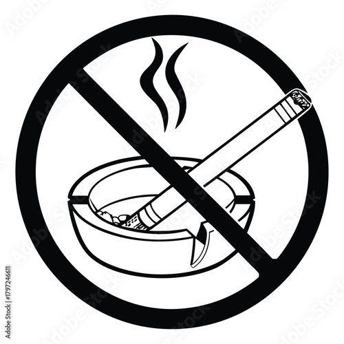 Illustration of a no smoking sign with a cigarette in an ashtray and smoke rising