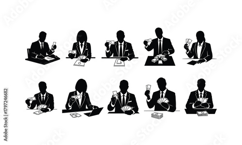 Silhouette of a banker meticulously counting a stack of currency bills isolated on white background