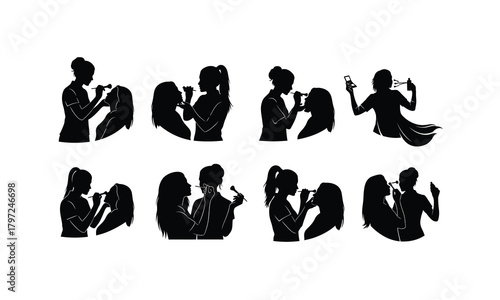 Collection of beautician applying makeup silhouette isolated on white background for beauty and cosmetics design