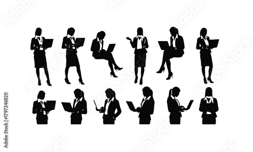 Diverse group of businesswomen actively engaged in professional tasks using laptops isolated on white background silhouette style
