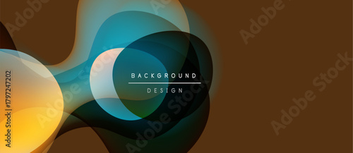 Abstract fluid shapes overlap, creating dynamic color gradients. Brown, teal, yellow hues dominate design. Text reads background design.