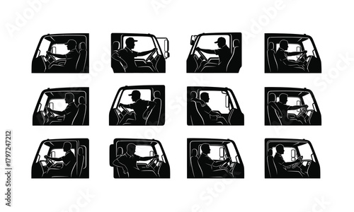 Collection of diverse driver silhouettes sitting in various truck cabins isolated on white background