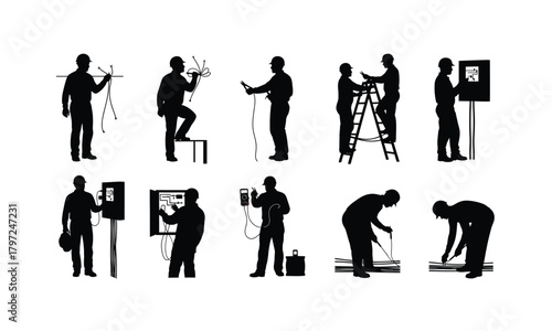 Silhouette of an electrician meticulously fixing electrical wires with tools isolated on white background