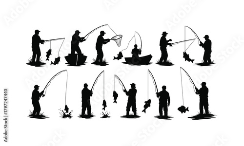 A diverse collection of stylized fisherman silhouettes actively engaged in catching fish presented isolated on white background