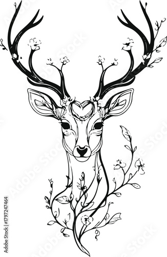 Elegant deer head line art where the antlers evolve into delicate floral vines — blending wildlife with elegance