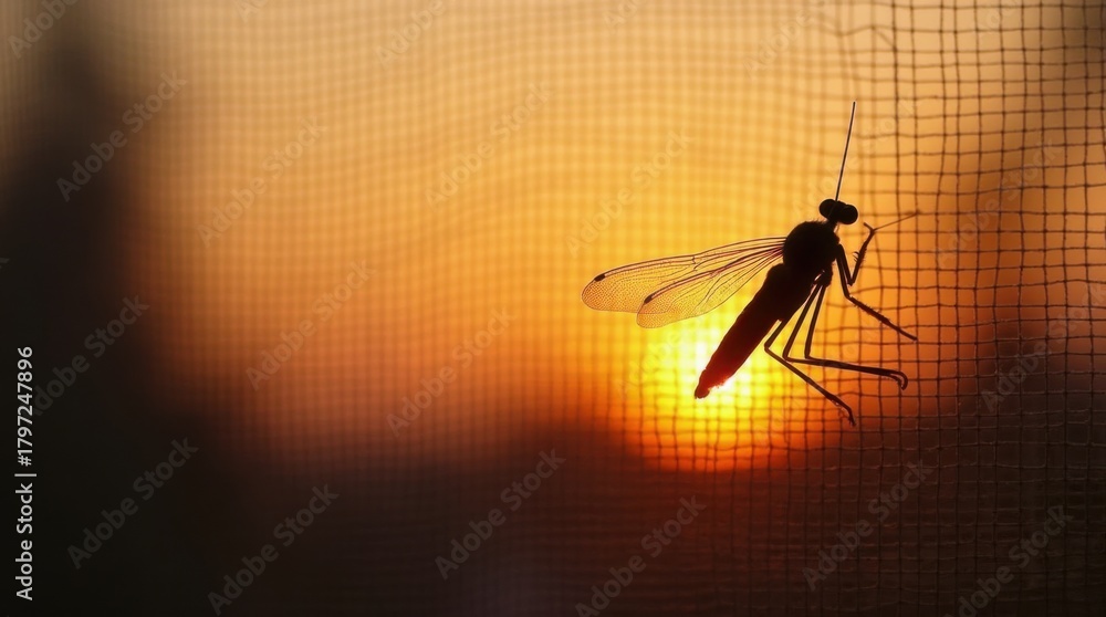 Obraz premium A delicate crane fly rests on a window screen silhouetted against a soft warm sunset