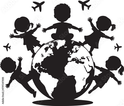 Children silhouettes around the world vector illustration for travel and global unity concepts isolated on 