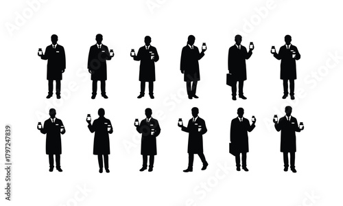 Collection of pharmacist characters in silhouette style holding medicine bottles isolated on white background representing healthcare and pharmacy services