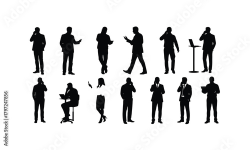 Collection of diverse office worker silhouettes engaged in phone conversations isolated on white background