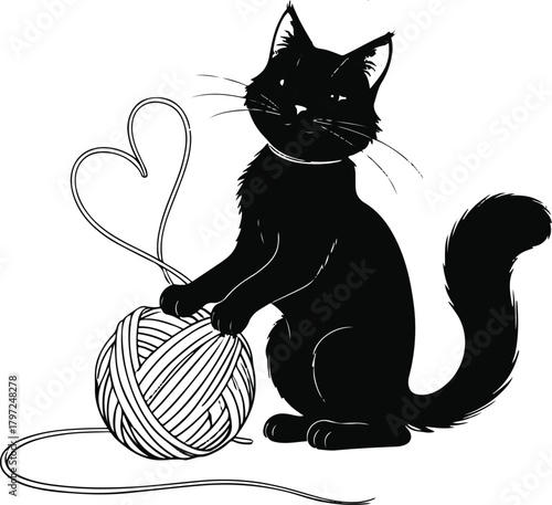  Line art of a cat playing with a ball of yarn that subtly outlines a heart shape.