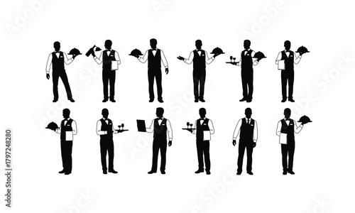 Collection of silhouetted waiters serving food and drinks in various poses isolated on white background