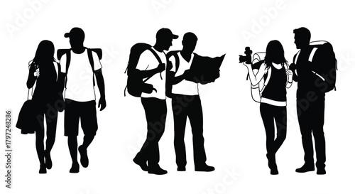 Group of friends exploring navigating with map and taking photos together