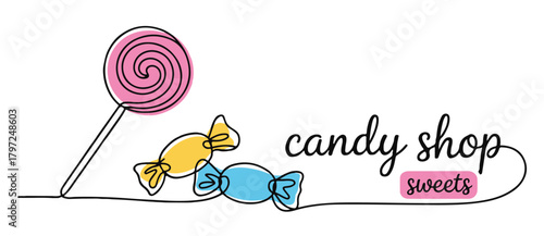 Candy shop sweets logo continuous line drawing style vector illustration for branding and advertising