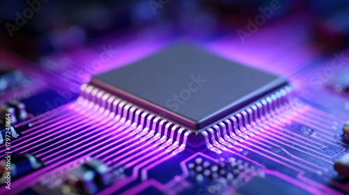 Close up view illuminates a central processing unit glowing with vibrant purple light on a circuit board
