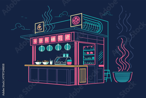 Detailed futuristic ramen stall, soft neon glow, sleek metallic surfaces, holographic menu, steaming bowls, vibrant city backdrop, synthwave ambiance, detailed food presentation.