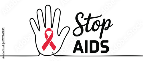 Stop AIDS awareness vector illustration red ribbon on hand for health campaigns and social media