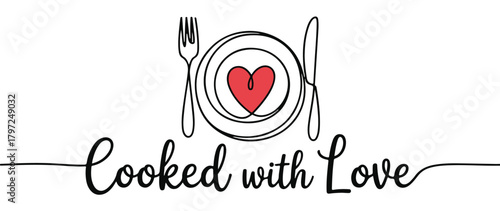 Cooked with love continuous line drawing of plate with heart vector illustration for restaurant or food con