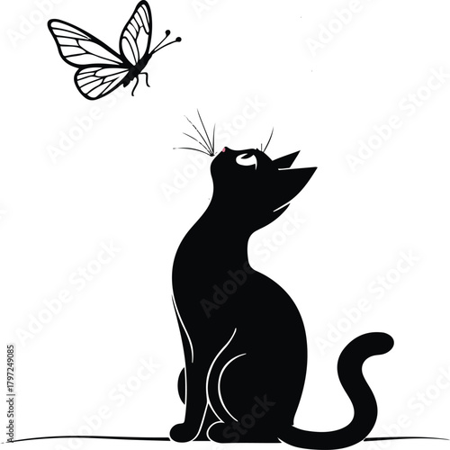  Minimal line art of a cat sitting and gazing at a tiny butterfly hovering above its nose