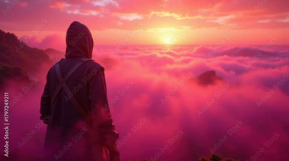 Obraz premium A solitary figure in a dark hood looks towards a dramatic hazy sunset glow through atmospheric mist