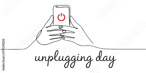 Continuous line drawing of hands holding a phone with power button unplugging day concept vector illustrati