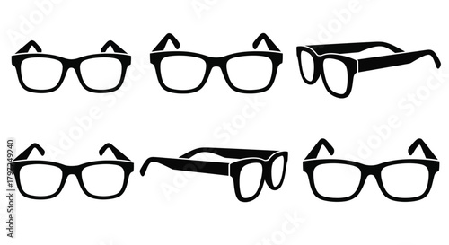 Variety of black sunglasses designs shown in a simple graphic style