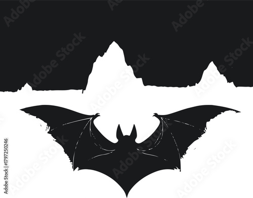 Minimalist line art of a bat’s wings unfolding into mountain peaks — balance between nature and nigh 3