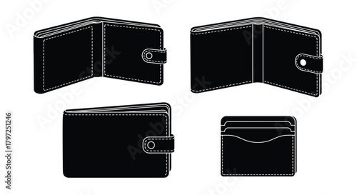 Black bi fold wallet design showcased in multiple views and perspectives