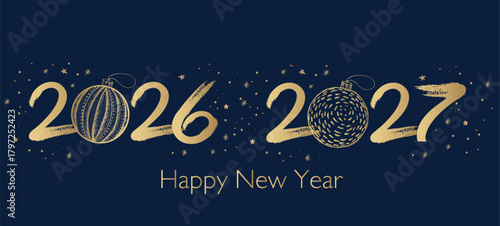 Happy New Year 2026, 2027 Greeting Card with Golden Brush Strokes	
