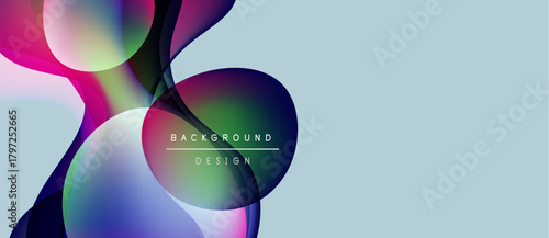 Abstract colorful shapes overlap, creating dynamic visual effect. Light blue background complements vibrant hues. Text reads background design.