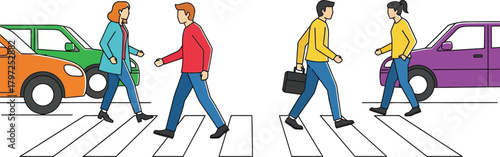 People crossing the street at a crosswalk with cars waiting in a simple illustration