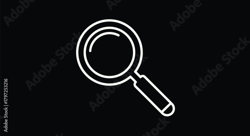 White line art magnifying glass on a black background for search and analysis