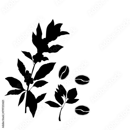 Floral Coffee Silhouette Vector Art. Botanical Coffee Cup and Beans Illustration. Elegant Coffee Branch Decor Icon. Minimalist Cafe Drink Silhouette with Leaves. Coffee Plant Decorative Outline Design