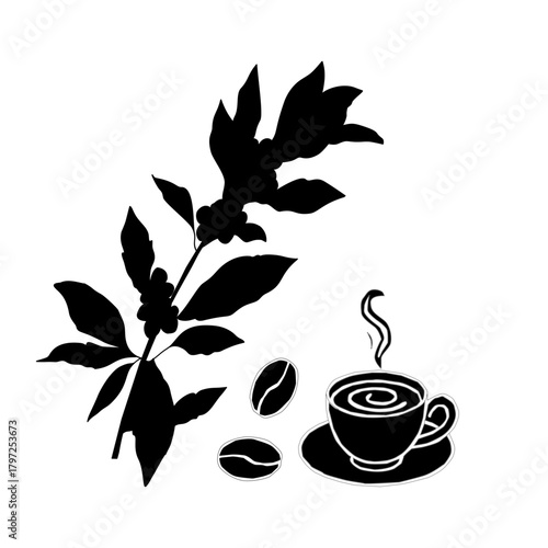 Floral Coffee Silhouette Vector Art. Botanical Coffee Cup and Beans Illustration. Elegant Coffee Branch Decor Icon. Minimalist Cafe Drink Silhouette with Leaves. Coffee Plant Decorative Outline Design