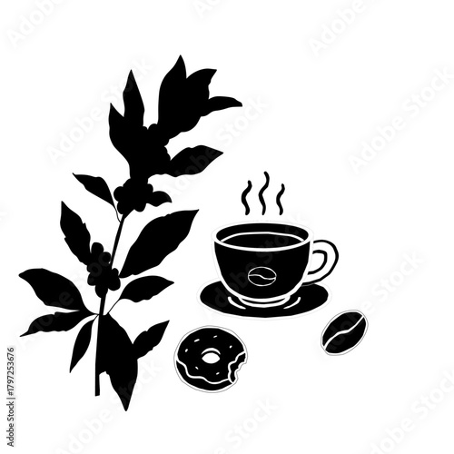 Floral Coffee Silhouette Vector Art. Botanical Coffee Cup and Beans Illustration. Elegant Coffee Branch Decor Icon. Minimalist Cafe Drink Silhouette with Leaves. Coffee Plant Decorative Outline Design